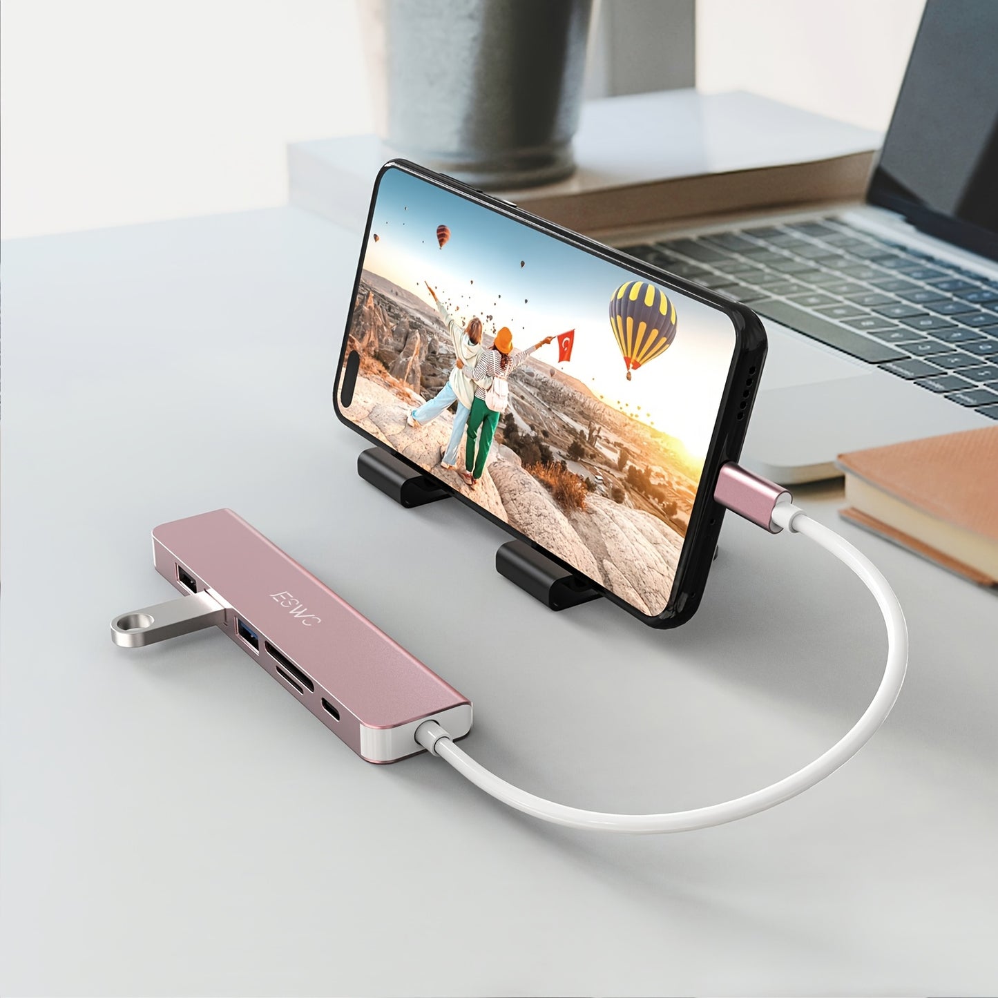 Seven Port USB-C Docking Station Hub - Expand Your Laptop's Capabilities - Rose Golden, Compact, High-Speed Data Transfer, Multi-Device Connection, and Power Delivery