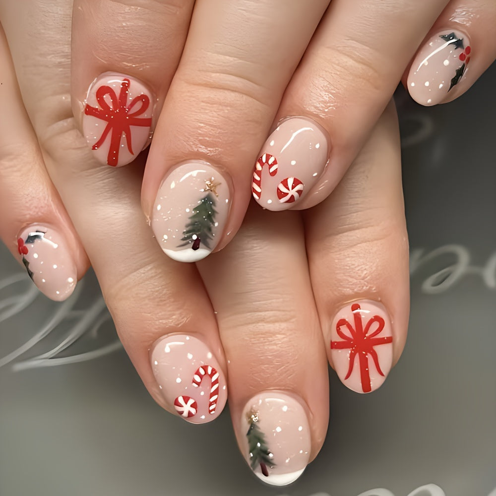 Christmas Nail Art Set, 24pcs Cute Christmas Tree and Holly Berry Design with Cartoon Candy Cane French Snowflake Accents, Glossy Finish in Pink/Red, Oval Short Nails for Holiday Parties