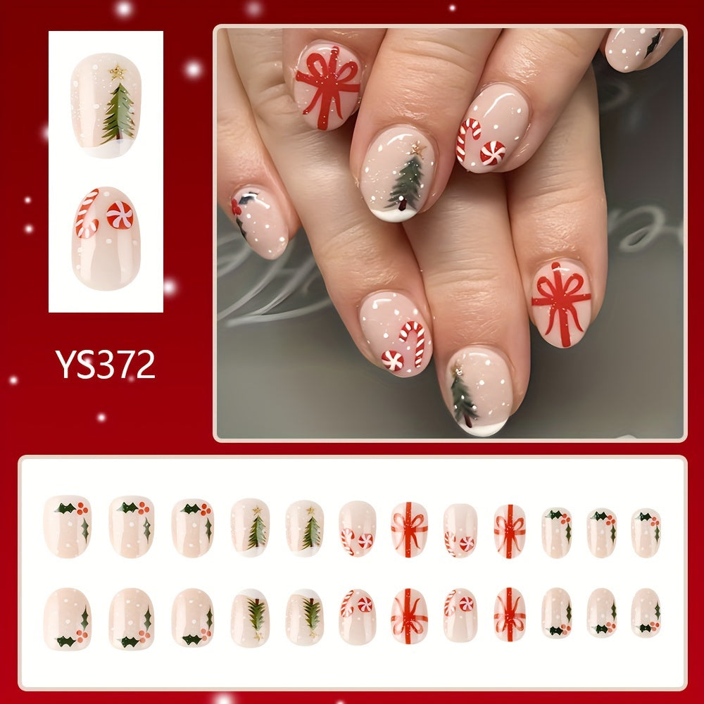Christmas Nail Art Set, 24pcs Cute Christmas Tree and Holly Berry Design with Cartoon Candy Cane French Snowflake Accents, Glossy Finish in Pink/Red, Oval Short Nails for Holiday Parties
