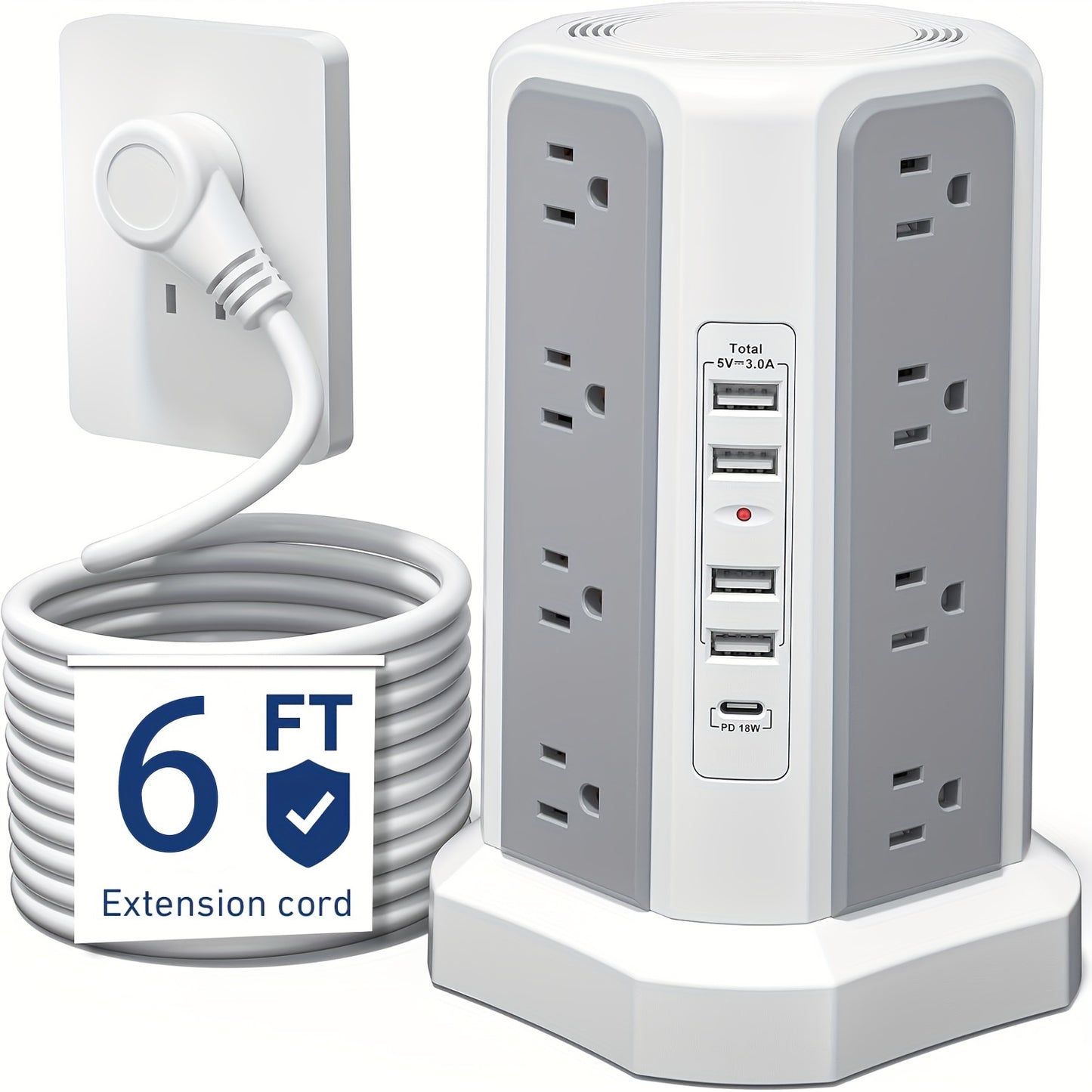 Upgraded New Product Flat Plug 16 AC Outlets Power Strip Tower With USB C Port(PD18W), Surge Protector Power Tower With 5 USB Charging Ports, 6FT Extension Cord Desktop Power Strip