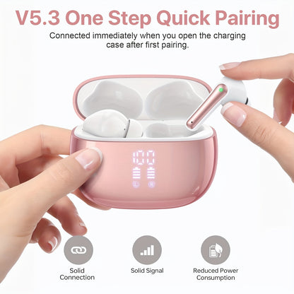 V5.3 Wireless Earbuds with Mic, 40 Hours Playtime, 380mAh LED Display Charging Case, Stereo Bass, Touch Control, Noise Cancellation, Type-C USB Charging, Non-Waterproof, for Adults, Sports & Exercise, Condenser Mic, Closed-Ba