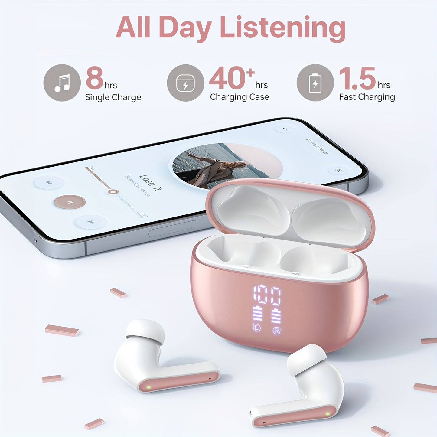 V5.3 Wireless Earbuds with Mic, 40 Hours Playtime, 380mAh LED Display Charging Case, Stereo Bass, Touch Control, Noise Cancellation, Type-C USB Charging, Non-Waterproof, for Adults, Sports & Exercise, Condenser Mic, Closed-Ba