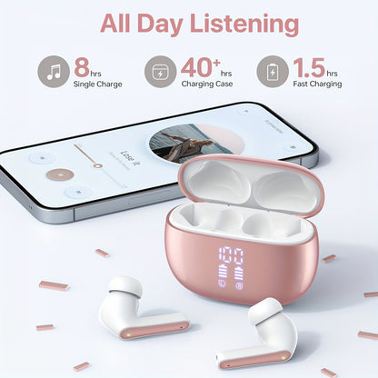 V5.3 Wireless Earbuds with Mic, 40 Hours Playtime, 380mAh LED Display Charging Case, Stereo Bass, Touch Control, Noise Cancellation, Type-C USB Charging, Non-Waterproof, for Adults, Sports & Exercise, Condenser Mic, Closed-Ba